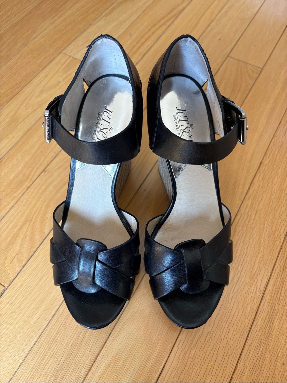 MICHAEL Michael Kors Black Leather Wedge Sandals